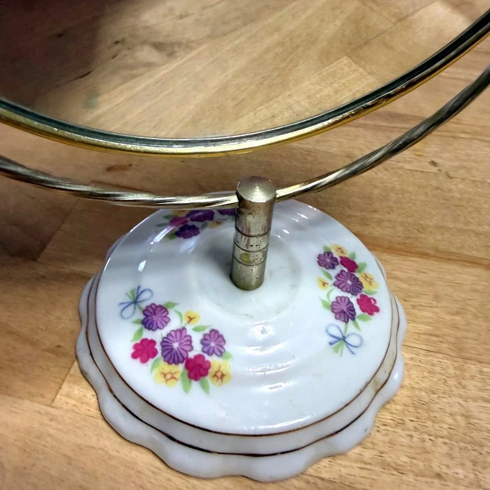 Vintage Floral Porcelain Mirror Base Swivel Vanity Gold Tone Round Tabletop
